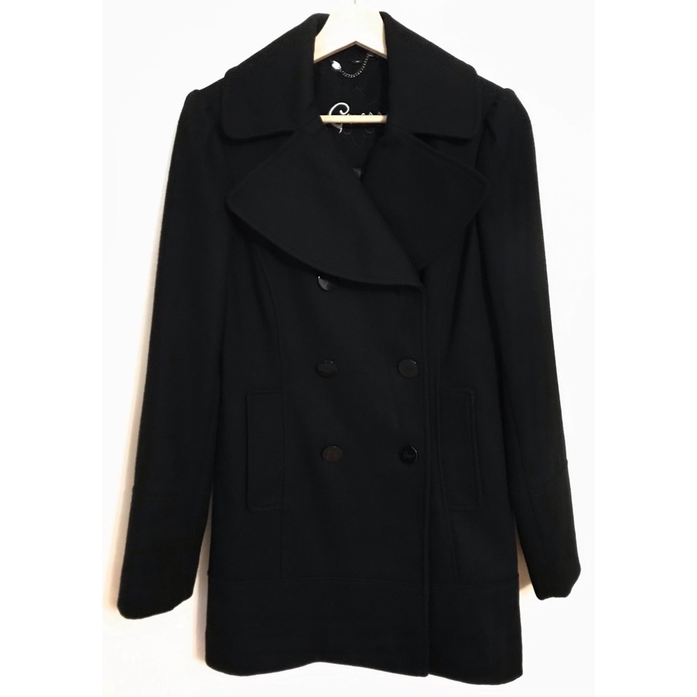 Guess • M • Wool Blend Double Breasted Pea Coat Black